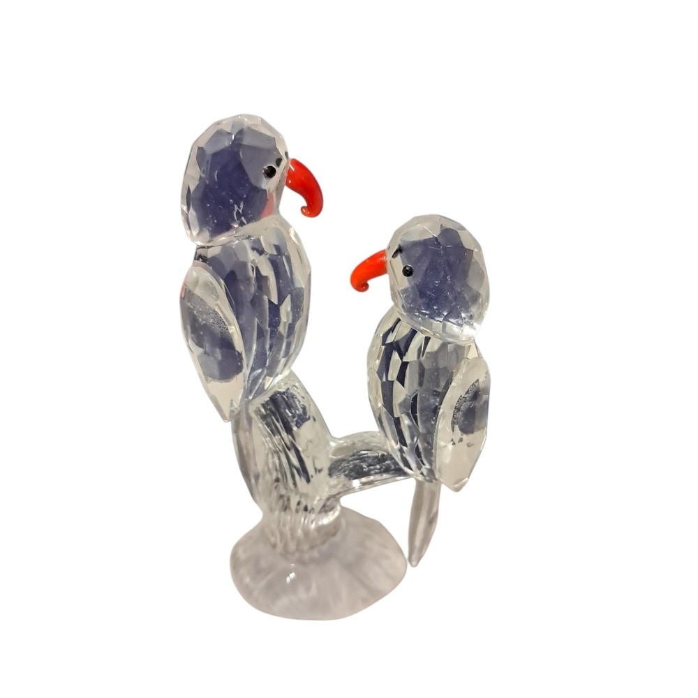 Vintage Crystal Lovebirds Budgies Parrots on Branch‎ Figurine Paperweight 4.5"